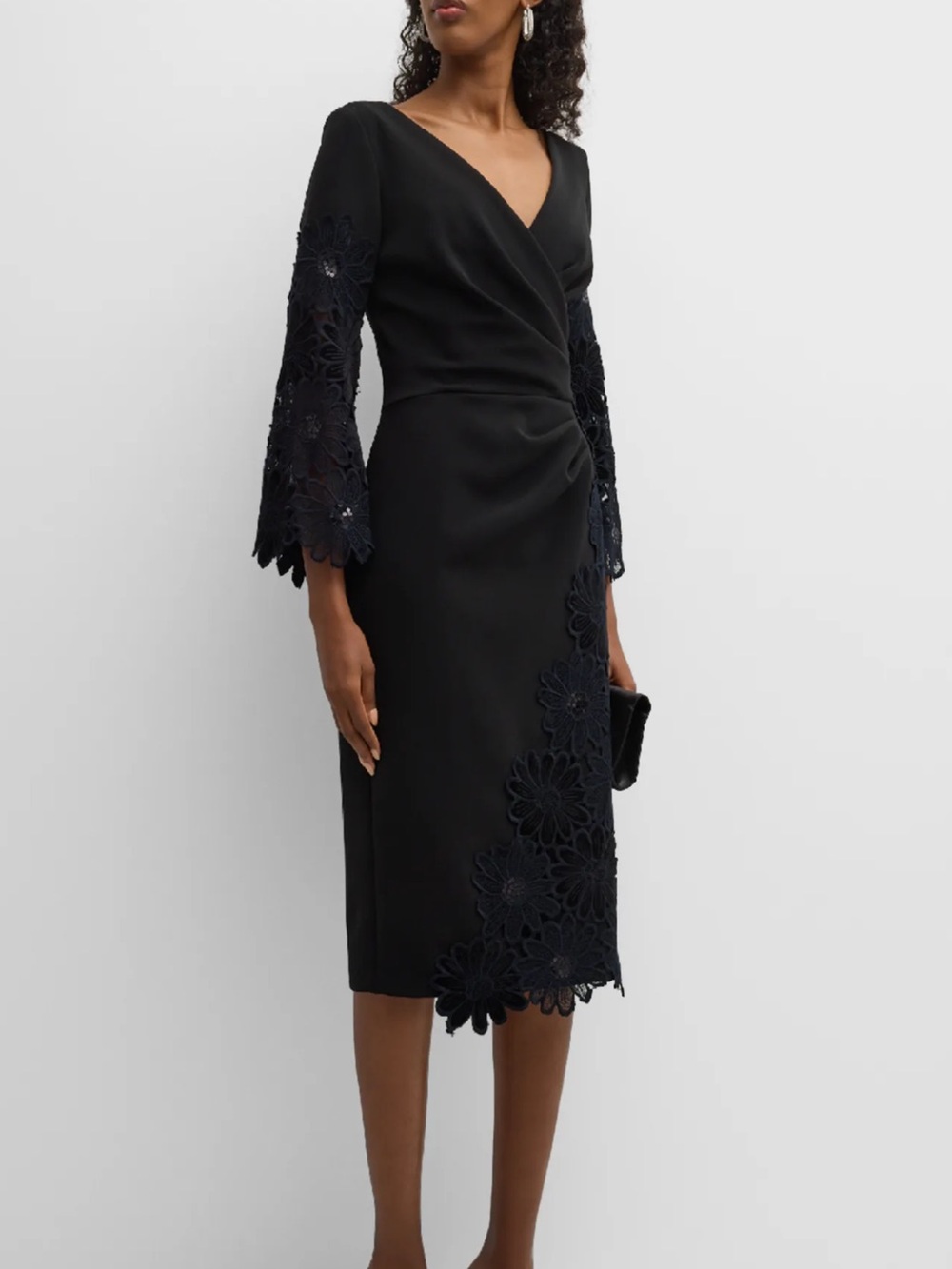 Rickie Freeman for Teri Jon Pleated Floral Lace Trim Midi Dress, size 2